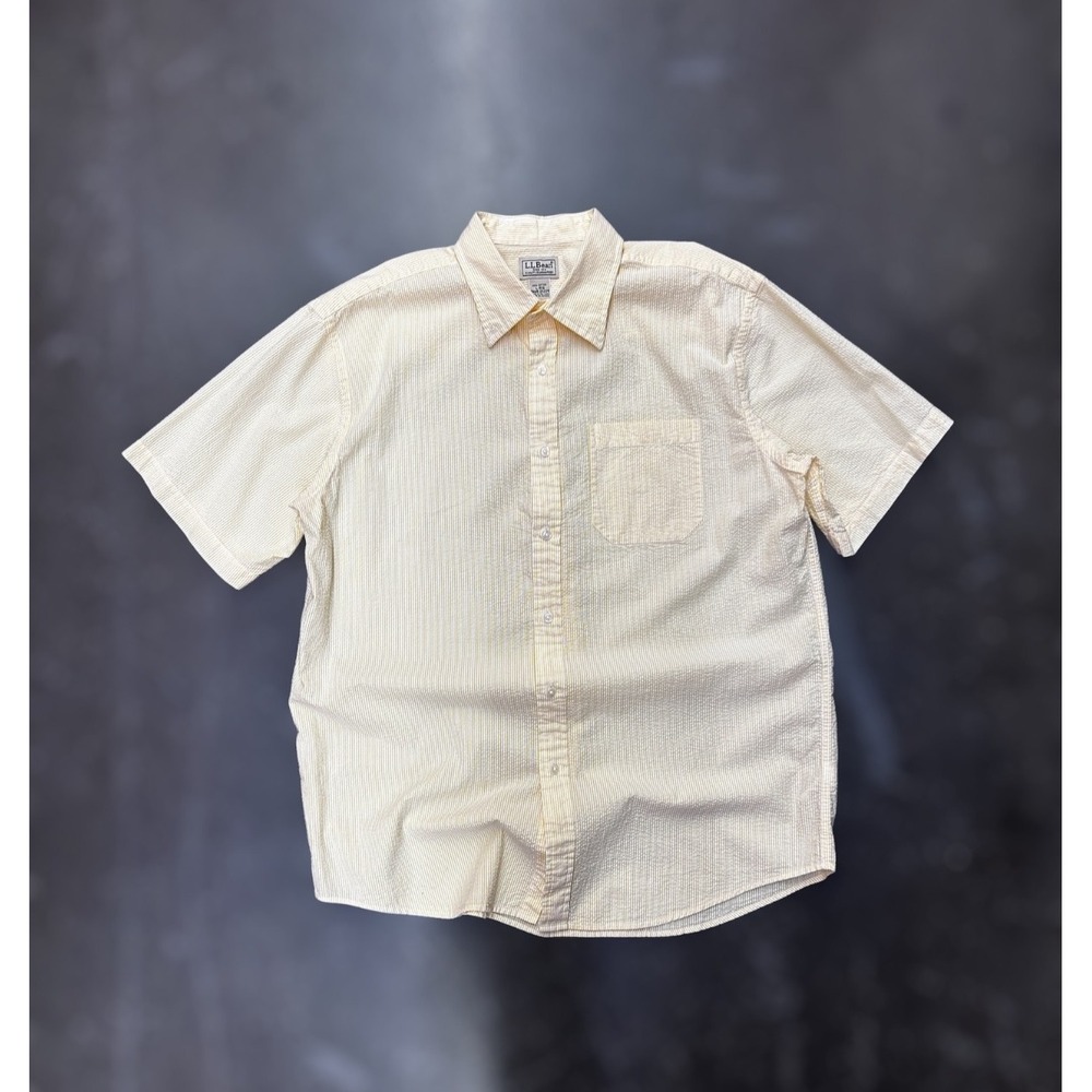 L.L. Bean Seersucker Button Up Shirt Men's Large Yellow White Stripe Cotton